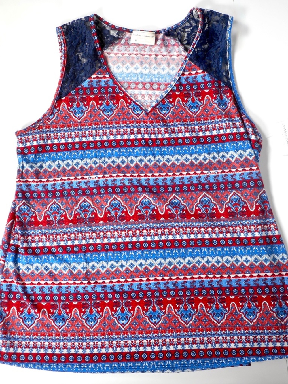 NWT Bobbie Brooks Navy Blue Lace 1X Tank Top Soft Boho V-Neck Floral Red Blue